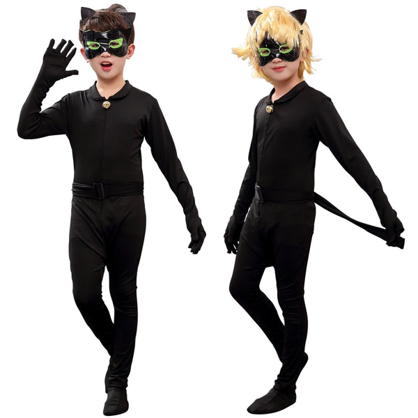 Halloween Anime Child Black Boys Cat With Tail Mask Cosplay Costume